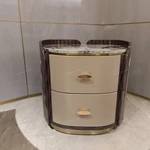 Oval Marble-Top SideTable with Fan-Stitched Leather Panels and Two Drawers